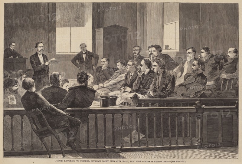 Jurors Listening to Counsel, Supreme Court, New City Hall, New York, published 1869.