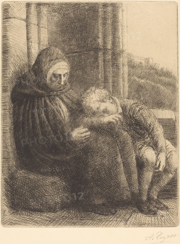 Woman Seated against a Wall, Child with His Head in Her Lap (Femme assise, muraille au fond, enfant la tete dans son giron.
