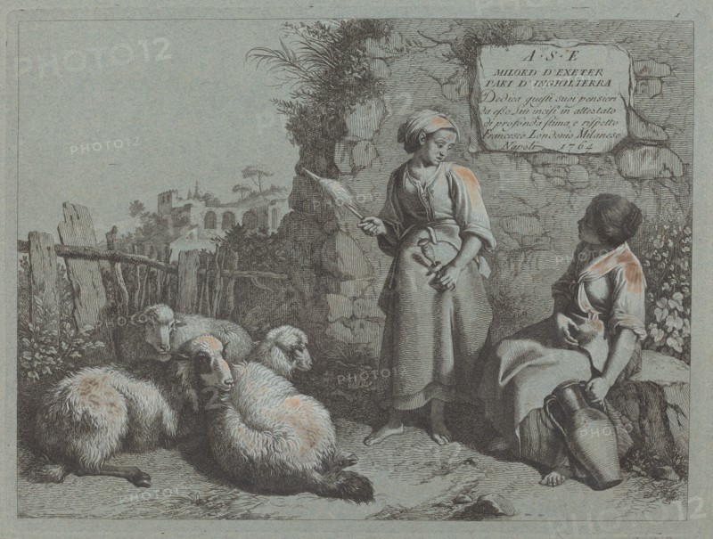 Two Girls Conversing: One Standing and Spinning, 1764.