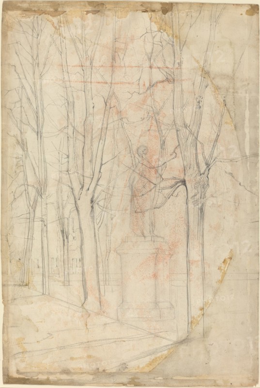 Sketch of Trees with a Statue on a Pedestal.