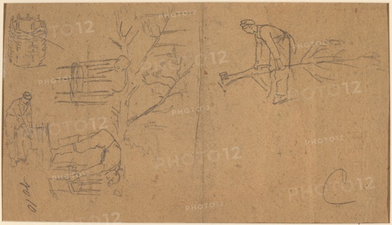 Soldiers felling sapling, and weaving saplings into baskets [verso], 1862.