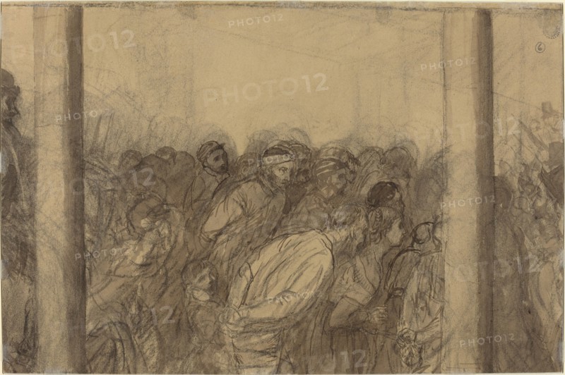 Crowd of People Seen between Two Columns [verso].