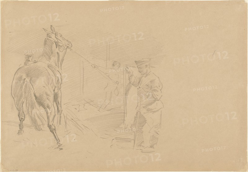 Man Pulling a Horse into a Stall, 1918.