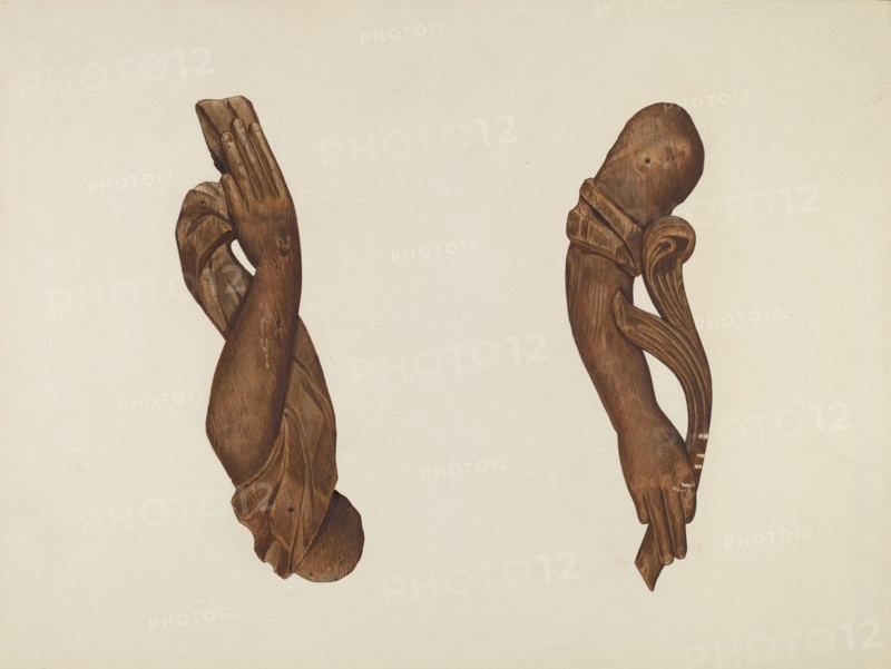 Pair of Carved Wooden Arms, c. 1937.