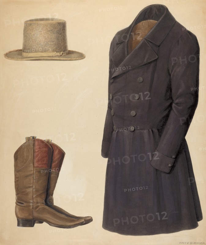 Zoar Man's Hat, Boots and Coat, c. 1937.