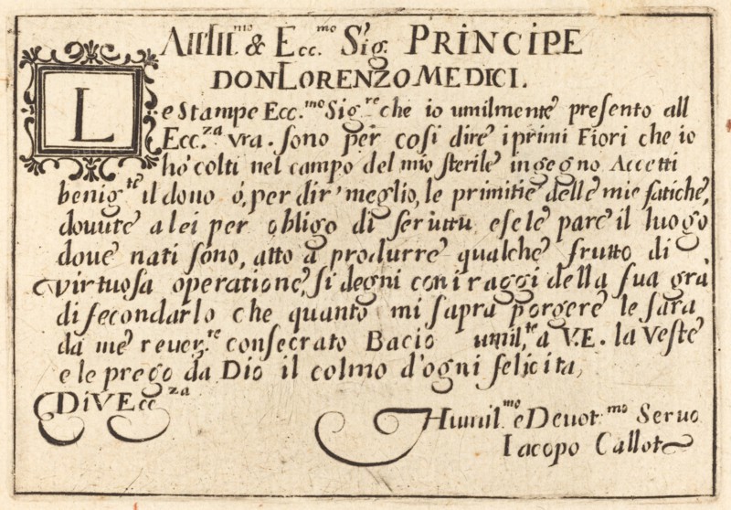 Dedication to Don Lorenzo de' Medici, c. 1622.