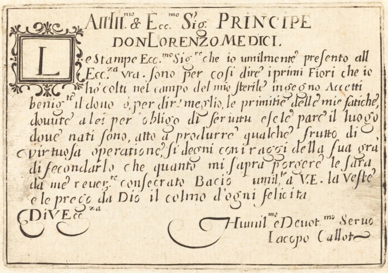Dedication to Don Lorenzo de' Medici, c. 1622.