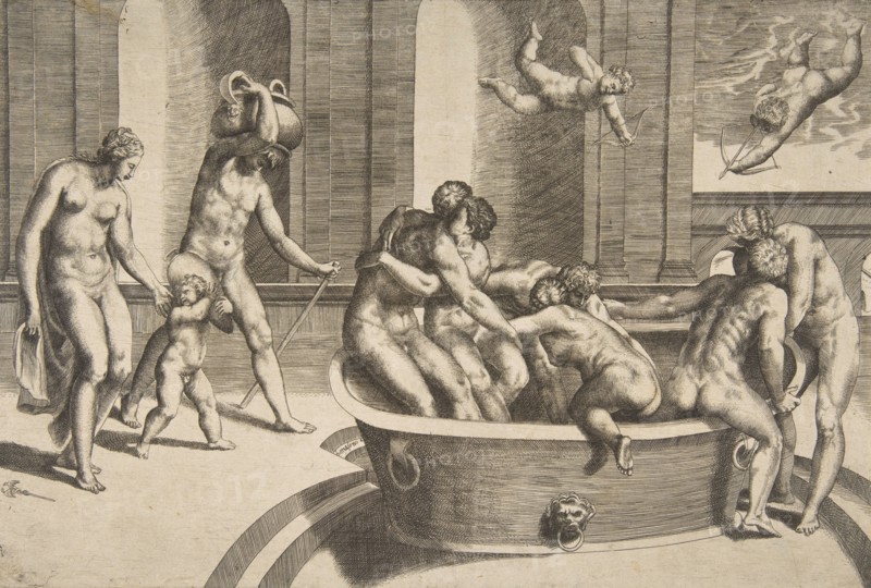 Men and women bathing, some embracing, 1531-76.