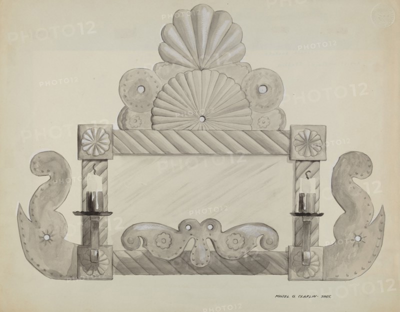 Tin Mirror Frame with 2 Candle Sockets, c. 1937.