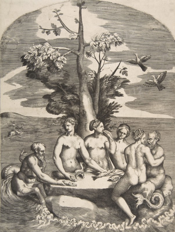 Two sea gods accompanied by four nymphs, 1531-76.