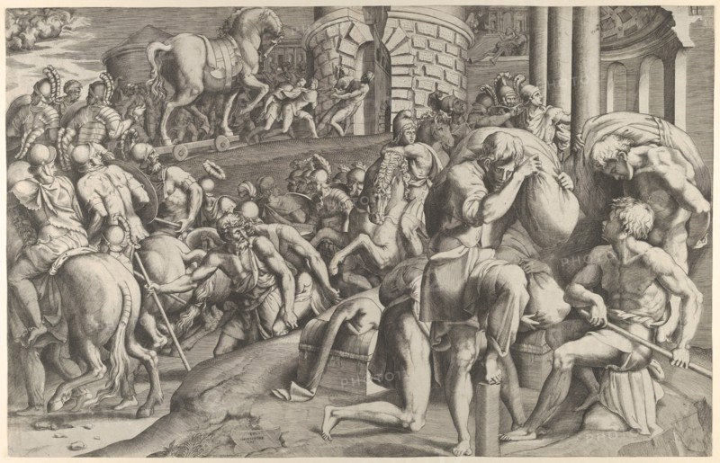 The Trojans hauling the wooden horse into Troy, 1545.