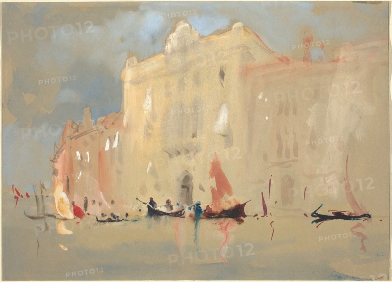 Gondolas Before a Palace on the Grand Canal in Venice.