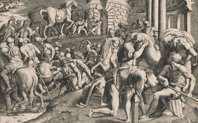 The Trojans pulling the wooden horse into the city, 1545.