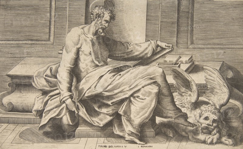 Saint Mark writing his gospel, winged lion at the right, 1531-76.