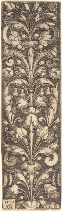 Sprig of Ornamental Foliage with Two Masks and Two Dolphins, 1530.