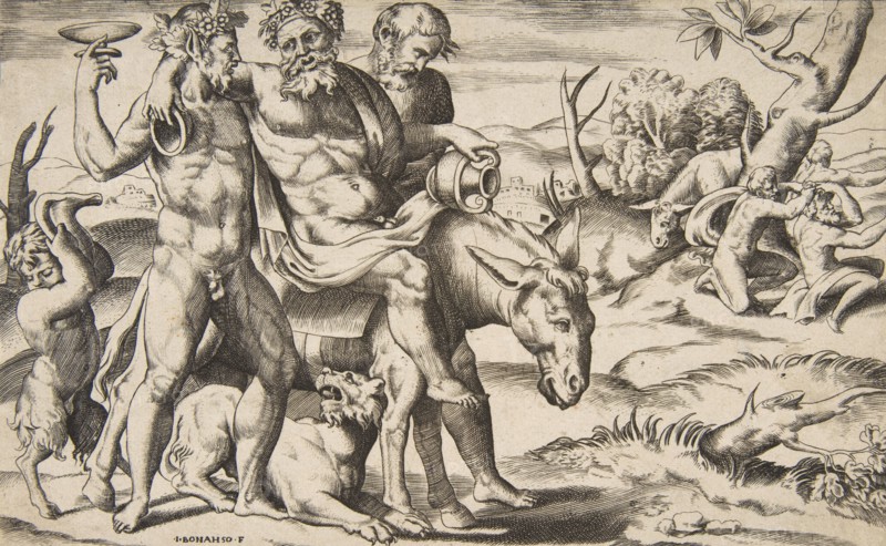 A drunken Silenus riding an ass being supported by satyrs, 1531-76.