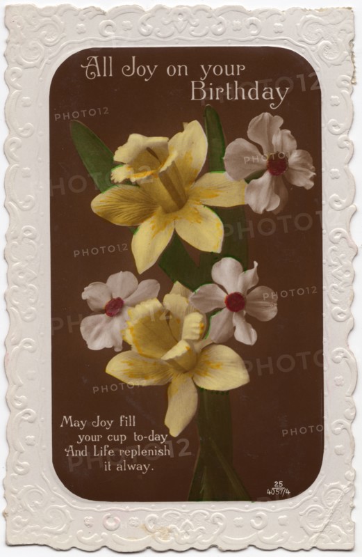 All Joy on your Birthday, 1935. Embossed card with daffodils and poem.
