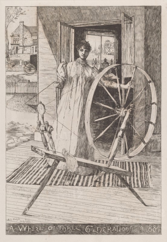 At the Spinning Wheel, c. 1884. 'A Wheel of Three Generations in 1884'.