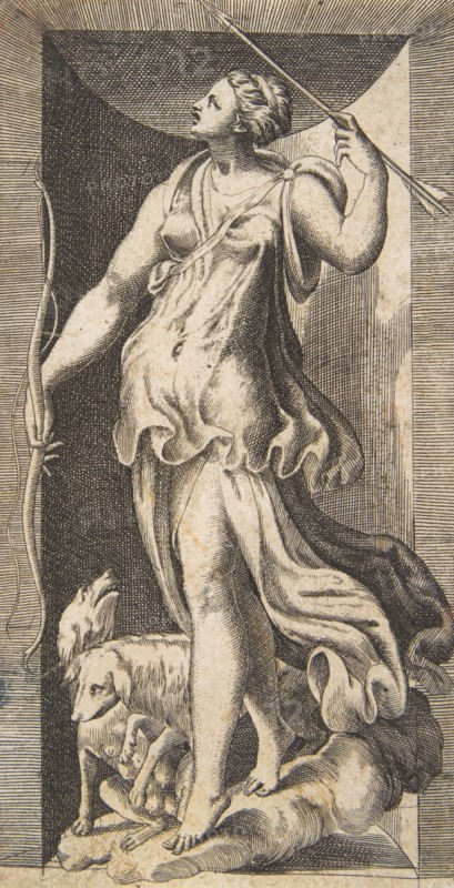 Diana the huntress acompanied by her dogs standing in a niche, 16th century.