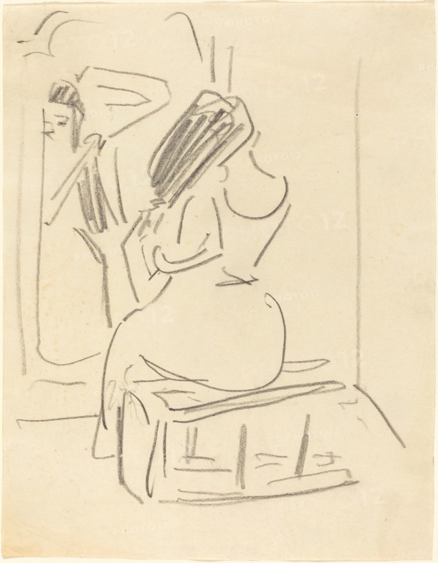 A Woman Combing Her Hair in Front of a Mirror, late 19th-early 20th century.