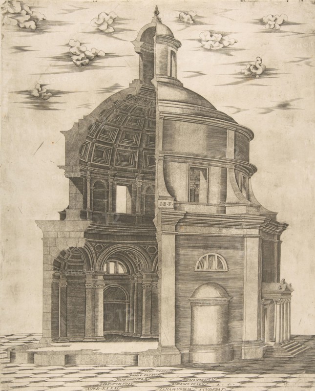 Exterior and interior section of a temple in Rome dedicated to Neptune, 1541.