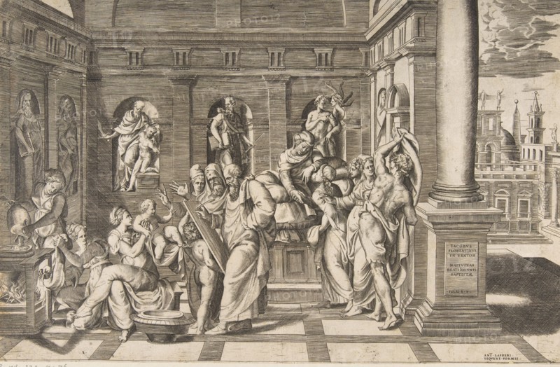 The birth of Saint John the Baptist set within a classical building, ca 1531-76.