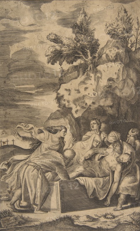 The entombment of Christ, the crosses on Calvary visble in left background, 1563.