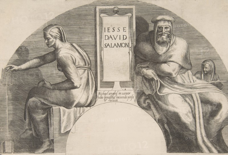 The ancestors of Christ flanking an inscribed tablet, an arched top composition, 1531-76.