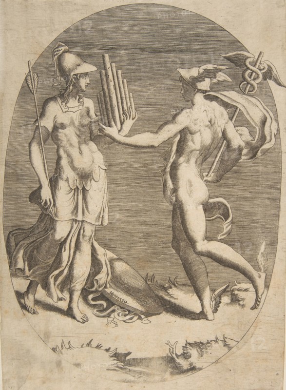 Mercury presenting a panpipe to Minerva who stands at left, an oval composition, 1531-76.