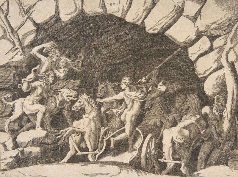 Pluto riding a chariot descending into Hell, from the 'Division of the Universe', 1531-76.