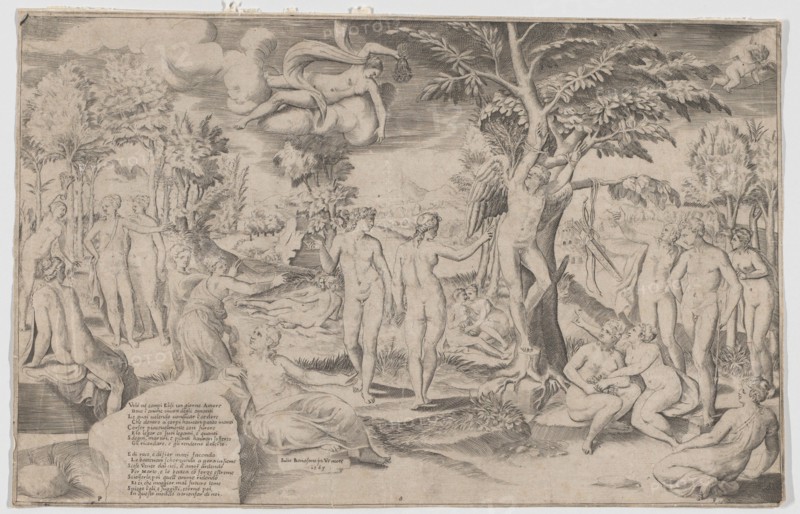 Cupid in the Elysian Fields tied to a tree in the centre, surrounded by many figures, 1563.