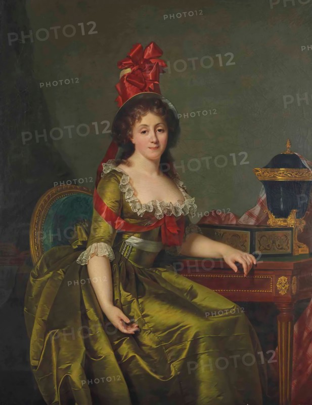 Portrait of a lady, in a green satin dress and a bonnet with red ribbons. Creator: Ducreux, Rose-Adelaïde (1761-1802).