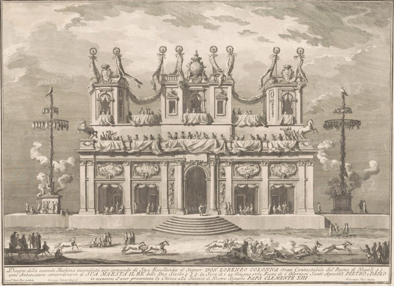 The Seconda Macchina for the Chinea of 1765: A Decorated Building with Cockaigne Poles, 1765. Creator: Giuseppe Vasi.