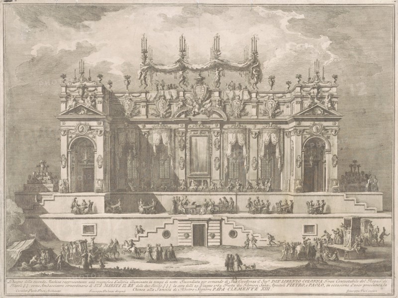 The Seconda Macchina for the Chinea of 1764: A Magnificent Gallery Illuminated at Night, 1764. Creator: Giuseppe Vasi.