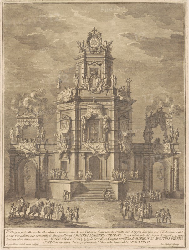 The Seconda Macchina for the Chinea of 1776: A Palace with a Loggia for the Lottery Draw, 1776. Creator: Giuseppe Vasi.