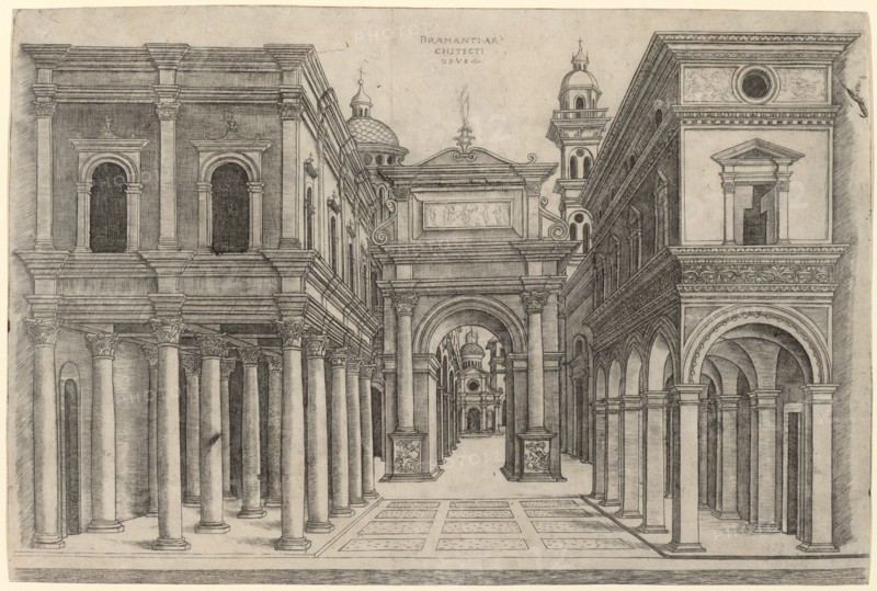 A Street with Various Buildings, Colonnades and an Arch, c. 1500/1510. Creator: Zoan Andrea.