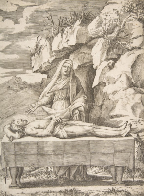 Pieta, Christ stretched out on a table in a landscape, the Virgin standing behind arms ..., 1531-76. Creator: Giulio Bonasone.
