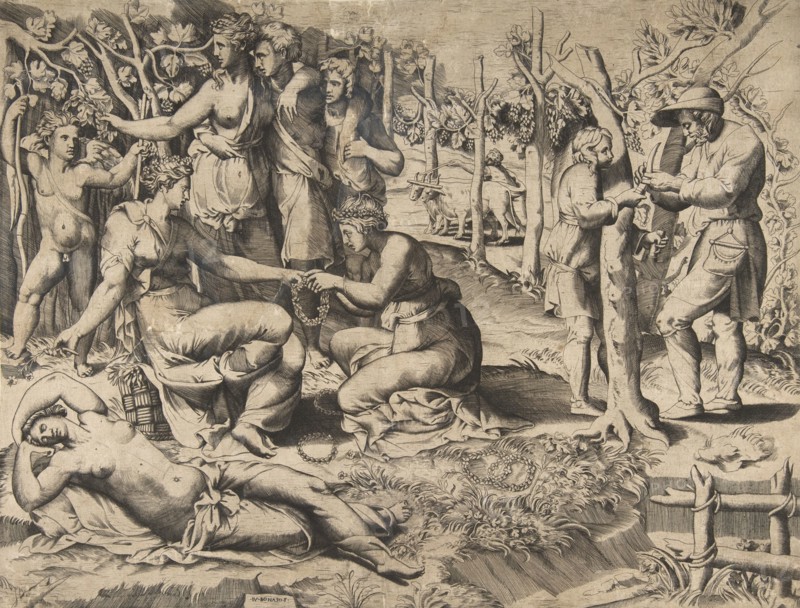 Flora in the centre passing a wreath to another woman, surrounded by other fig..., mid-16th century. Creator: Giulio Bonasone.