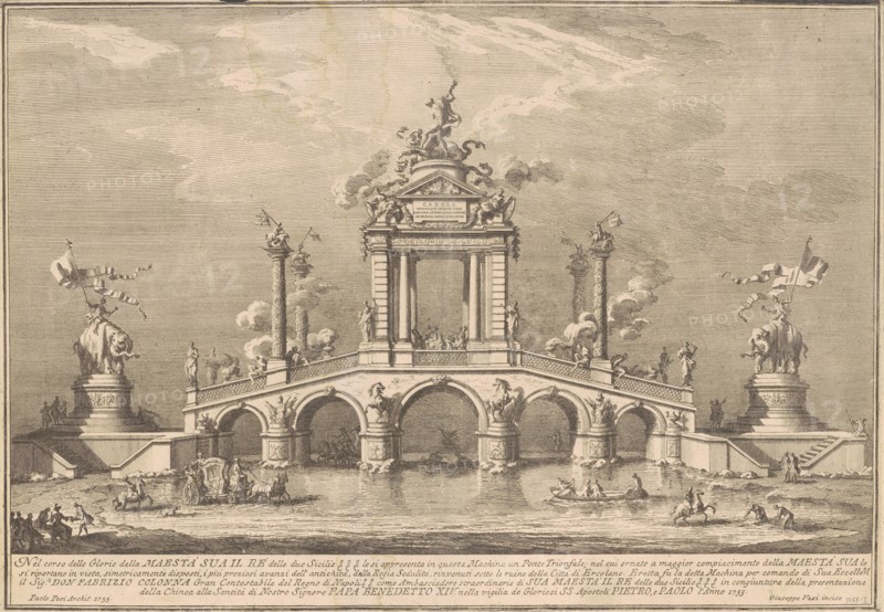 The Prima Macchina for the Chinea of 1755: A Triumphal Bridge with Antiquities..., 1755. Creator: Giuseppe Vasi.