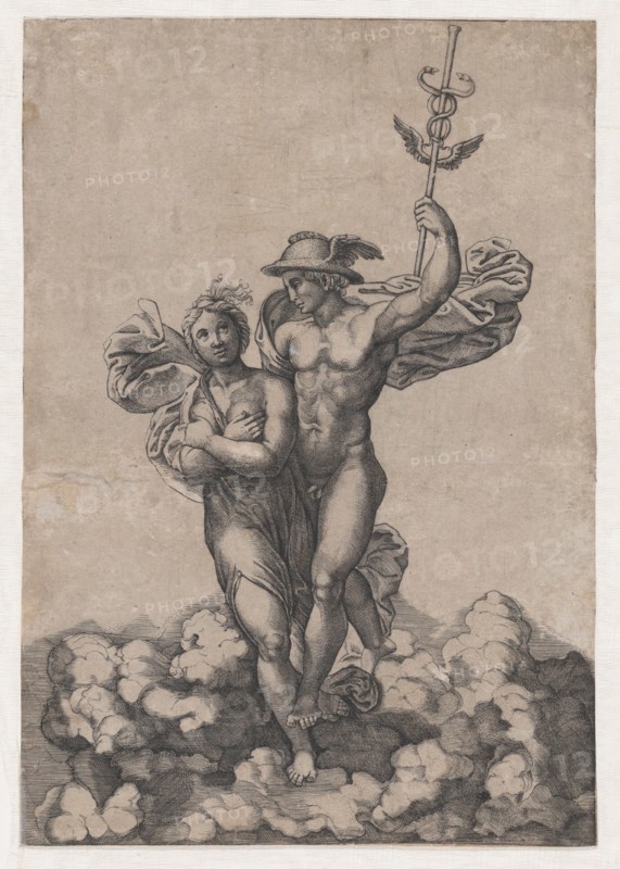 Mercury carrying Psyche to Olympus, after Raphael's composition in the Villa Farnes..., ca. 1520-39. Creator: Giovanni Jacopo Caraglio.