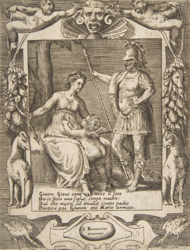 Juno, Mars and Cupid, set within an elaborate frame, from the 'Loves, Rages and Jealous..., 1531-76. Creator: Giulio Bonasone.