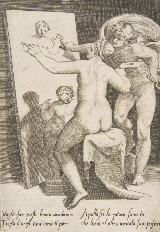 Apollo standing a beside a woman representing an allegory of painting, from 'The Loves ..., 1531-60. Creator: Giulio Bonasone.