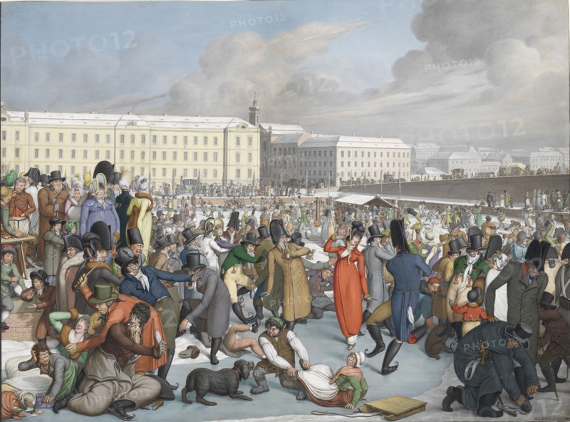 Ice skating in the frozen harbor of the Wiener Neustadt Canal, 1805. Creator: Opiz, Georg Emanuel (1775-1841).