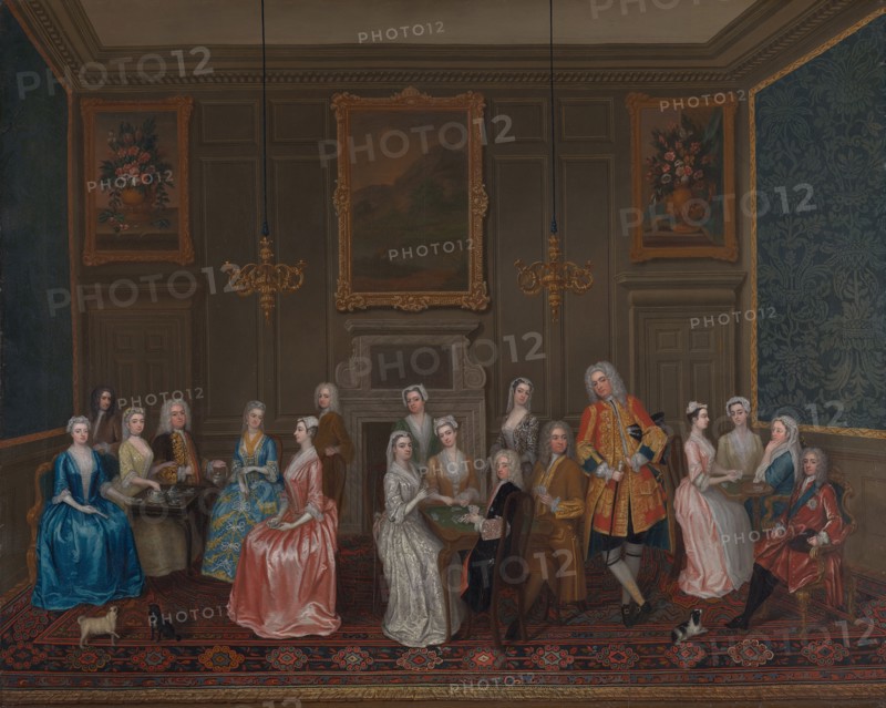 Tea Party at Lord Harrington's House, St. James's, 1730. Creator: Philips, Charles (c. 1703-1747).