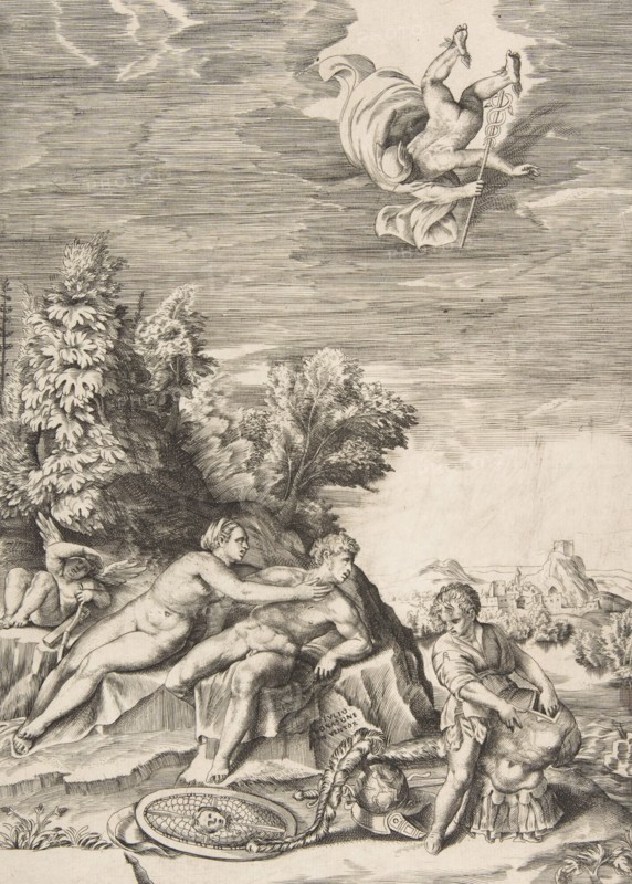 Calypso trying to detain Ulysses as a child prepares his armour at right and Mercury fa..., 1531-76. Creator: Giulio Bonasone.
