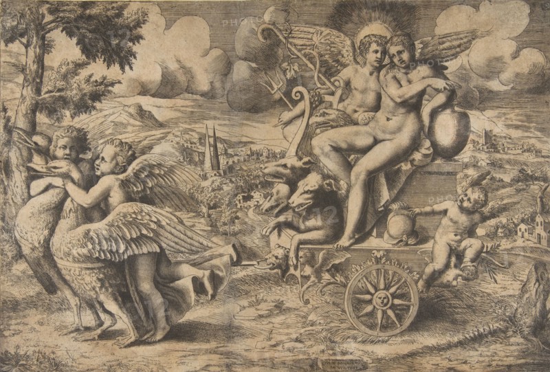 The triumph of Cupid and Psyche who are seated on a chariot drawn by two birds rest..., ca. 1550-67. Creator: Giulio Bonasone.