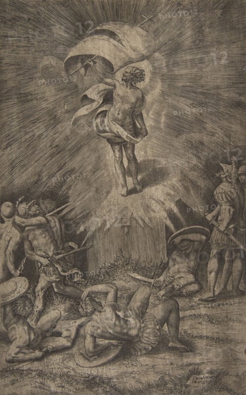 The resurrection of Christ, holding a banner in his right hand, soldiers surrounding the t..., 1561. Creator: Giulio Bonasone.