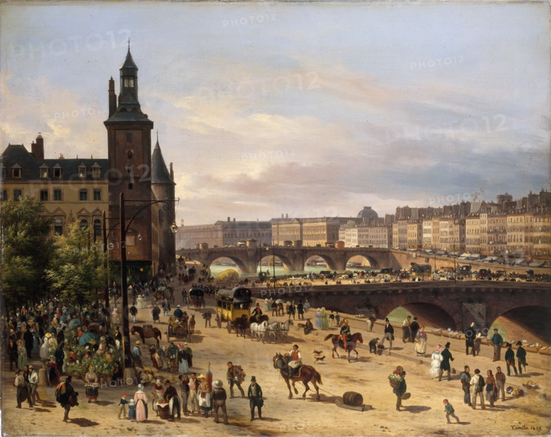 Le marché aux fleurs, la Tour de l'Horloge, le Pont au Change et le Pont-Neuf, 1832. Creator: Canella, Giuseppe, the Elder (1788-1847).