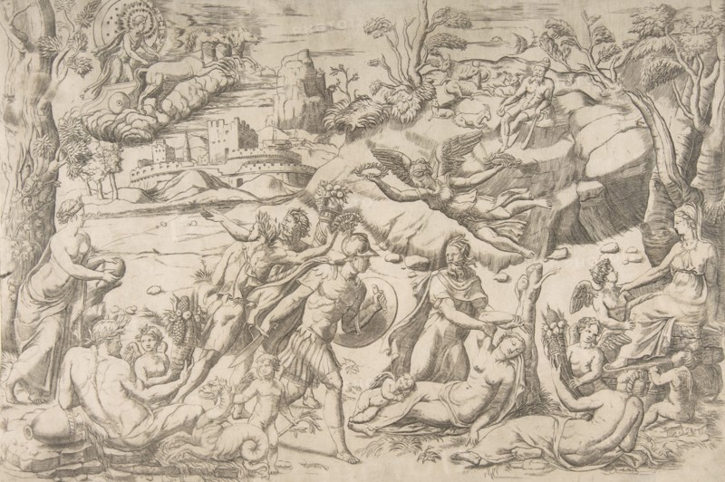 Mars and Rhea Silvia: in the centre Mars holds a shield and sword, Rhea Silvia sleep..., ca 1531-76. Creator: Giulio Bonasone.