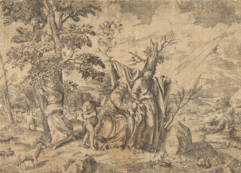 The Rest on the Flight into Egypt, Joseph at right, the Virgin holds the Christ Child i..., 1531-76. Creator: Giulio Bonasone.